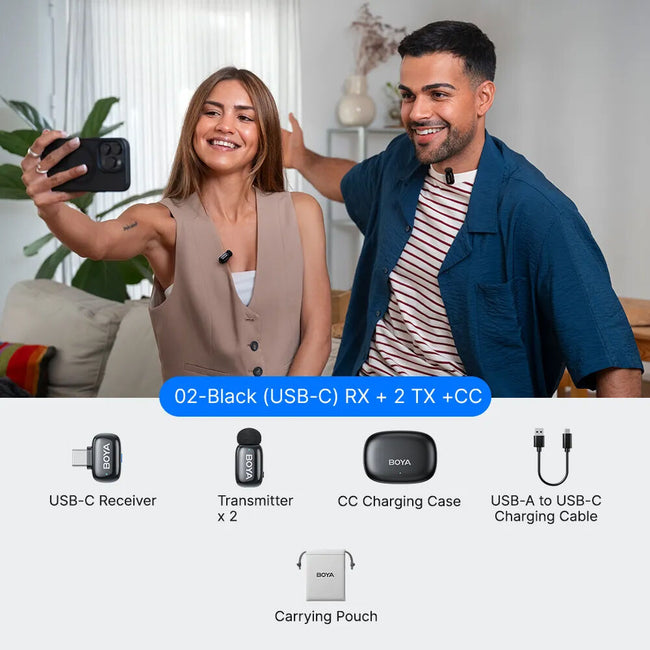 BOYA mini 2 2-Person Wireless Microphone System with One Receiver with USB-C Connector (Black, with Charging Case)